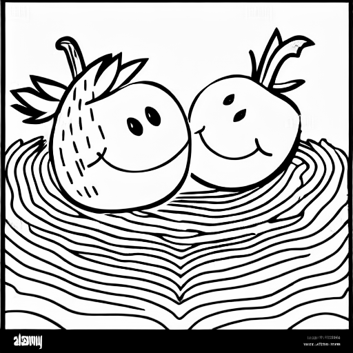 Coloring page of strawberry and a banana swimming in the sea