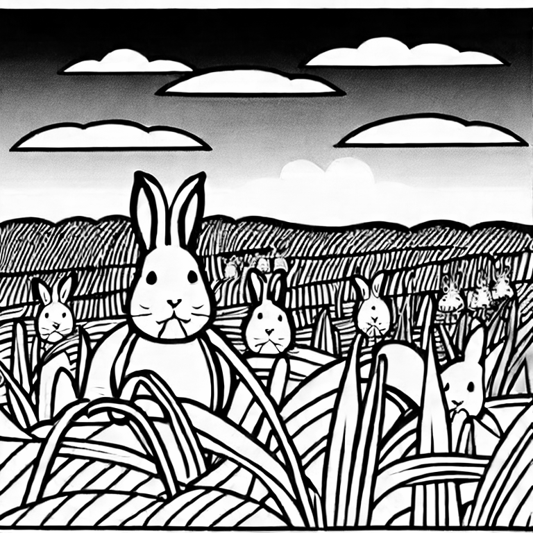 Coloring page of supermansome rabbits in a field