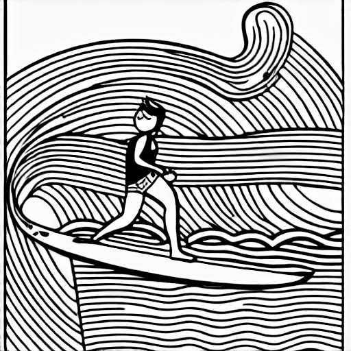 Coloring page of surfer riding a huge wave