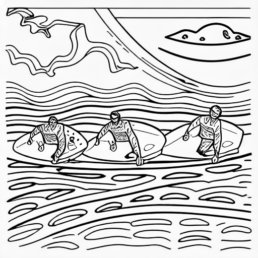 Coloring page of surfers riding huge waves