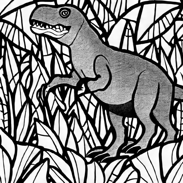 Coloring page of t rex in the jungle