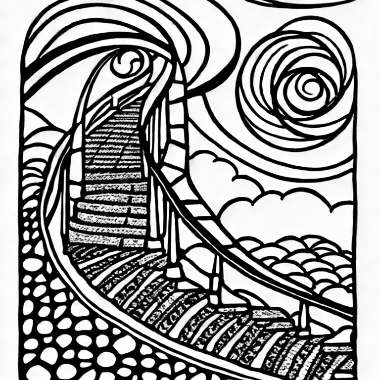 Coloring page of taircase swirling up to mystic sky