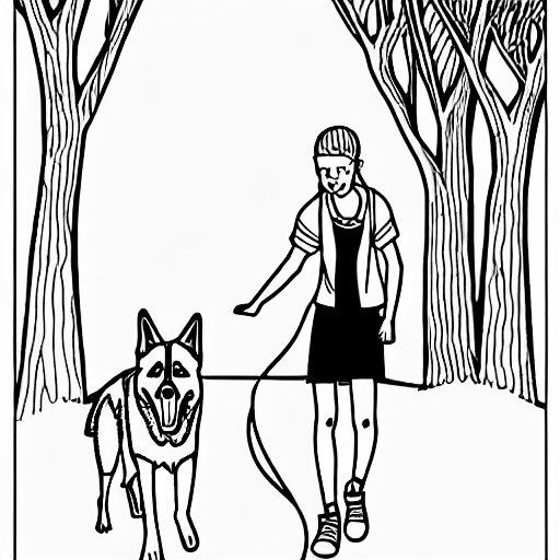Coloring page of teen girl walking german shepherd dog in park