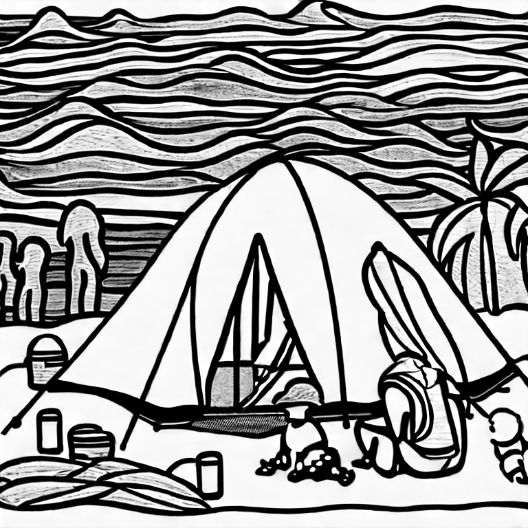 Coloring page of tent camping on the beach with lots of people