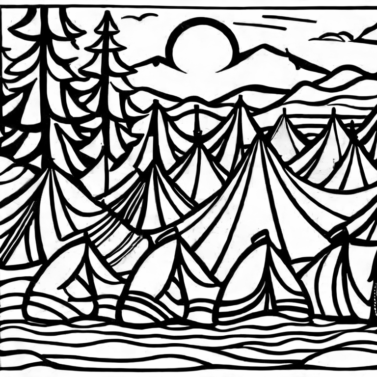 Coloring page of tent camping on the beach with lots of people in bikinis