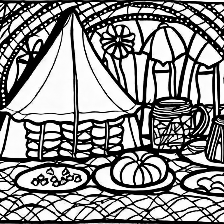 Coloring page of tent camping on the ebach