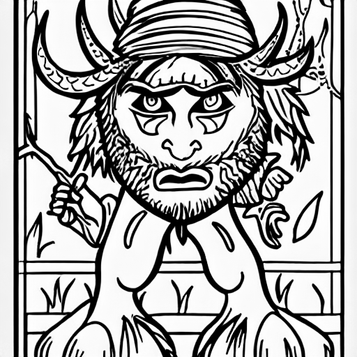 Coloring page of the devil peeking over a bush
