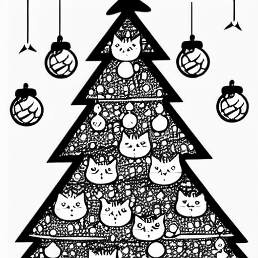 Coloring page of three cats in a christmas tree