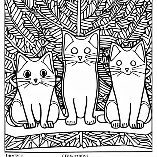 Coloring page of three cats under a christmas tree