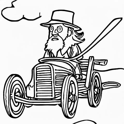 Coloring page of tom bombadil driving a car