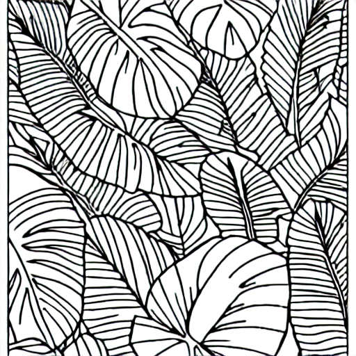 Coloring page of tropical plants and flowers