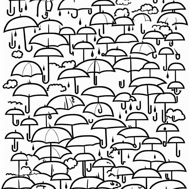 Coloring page of umbrellas clouds and rain