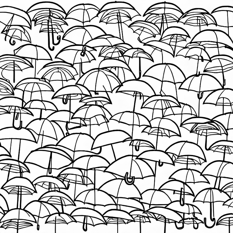 Coloring page of umbrellas clouds and rain detailed