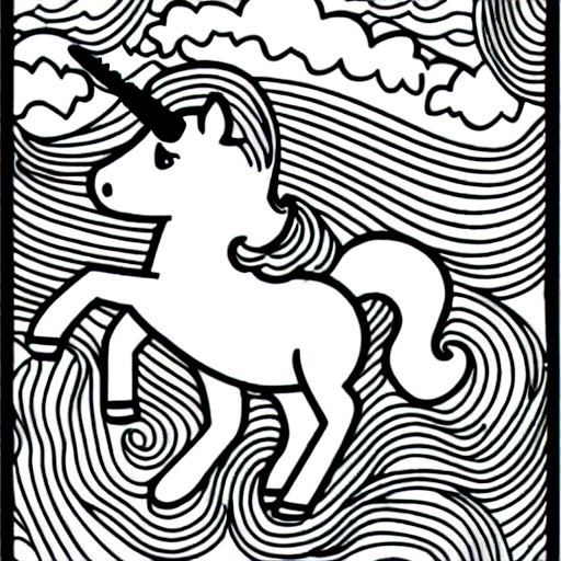 Coloring page of unicorn flying over a rainbow