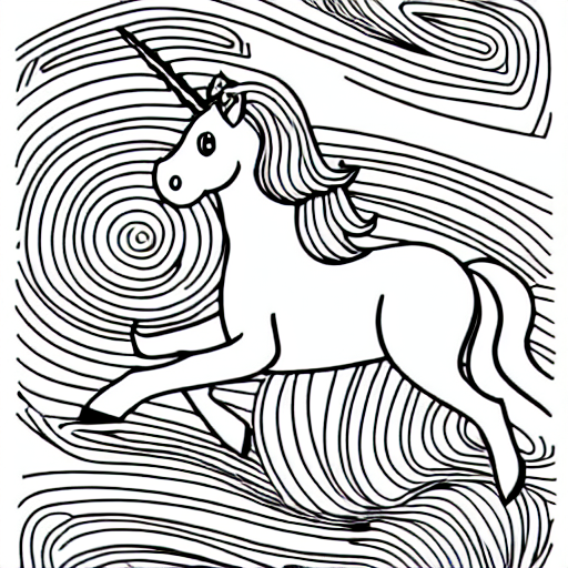 Coloring page of unicorn flying over a rainbow