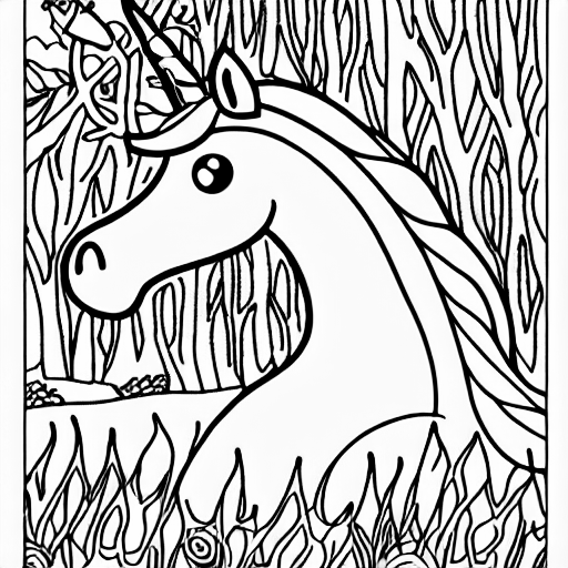 Coloring page of unicorn in a forest