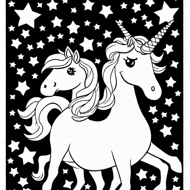 Coloring page of unicorn with stars for 4 year old girls