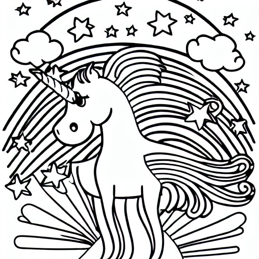 Coloring page of unicorn with wings flying over a rainbow
