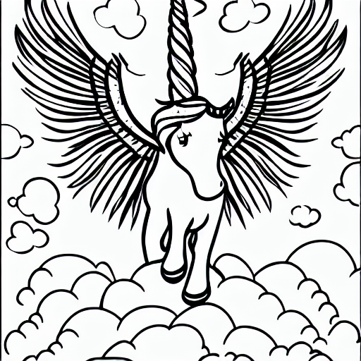 Coloring page of unicorn with wings flying over a rainbow