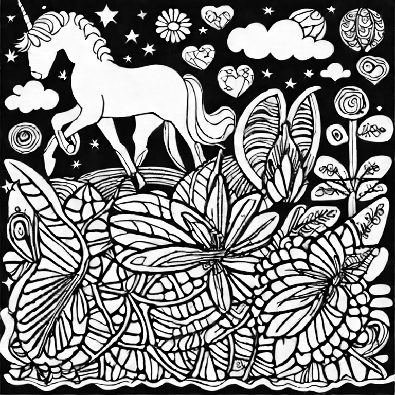 Coloring page of unicorns in the sky