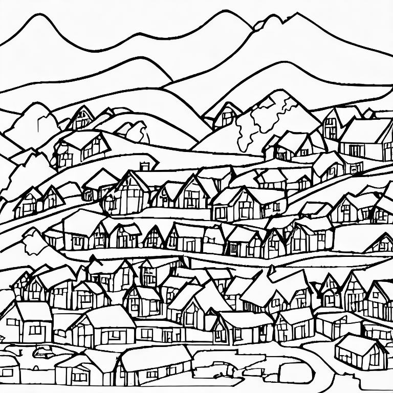 Coloring page of village with mountain view