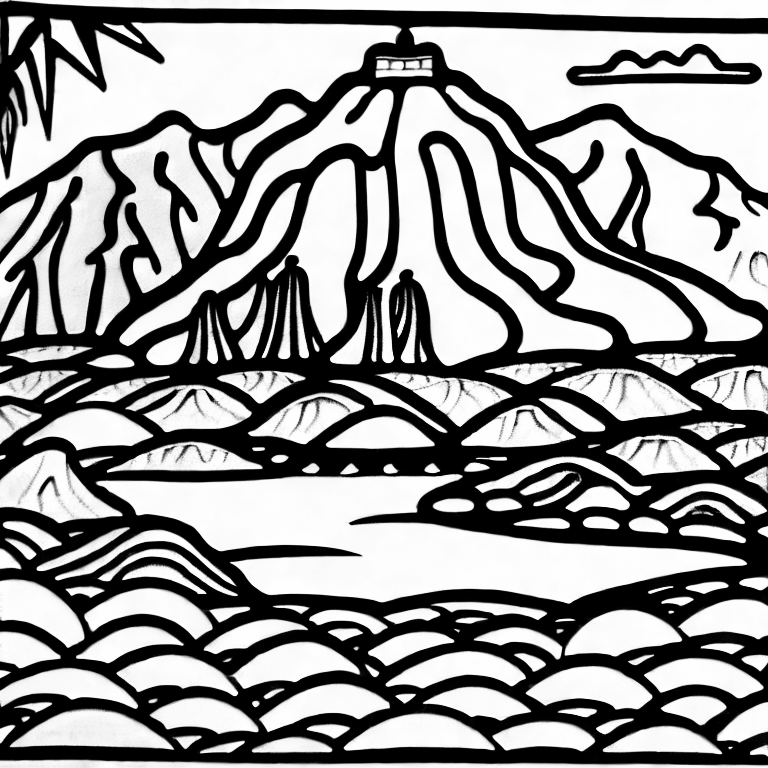 Coloring page of volcano on island