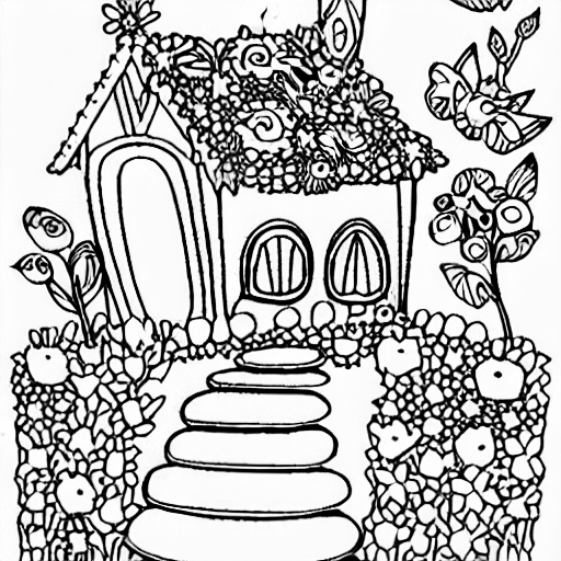Coloring page of whimsical fairy garden