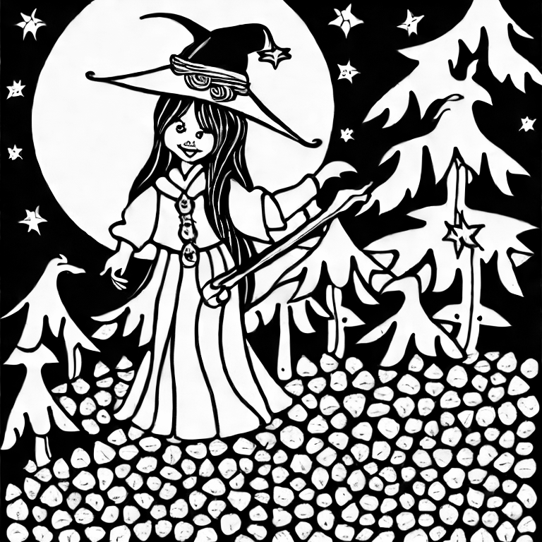 Coloring page of witch by the moon