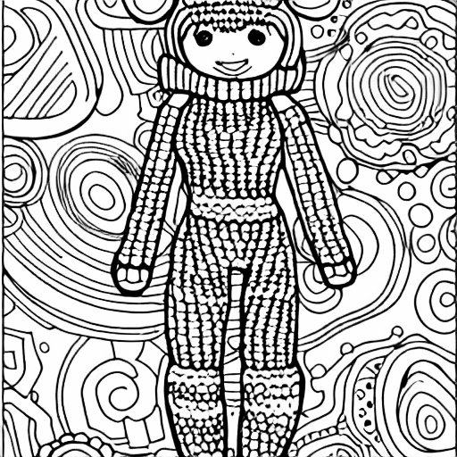 Coloring page of woman crochet in space