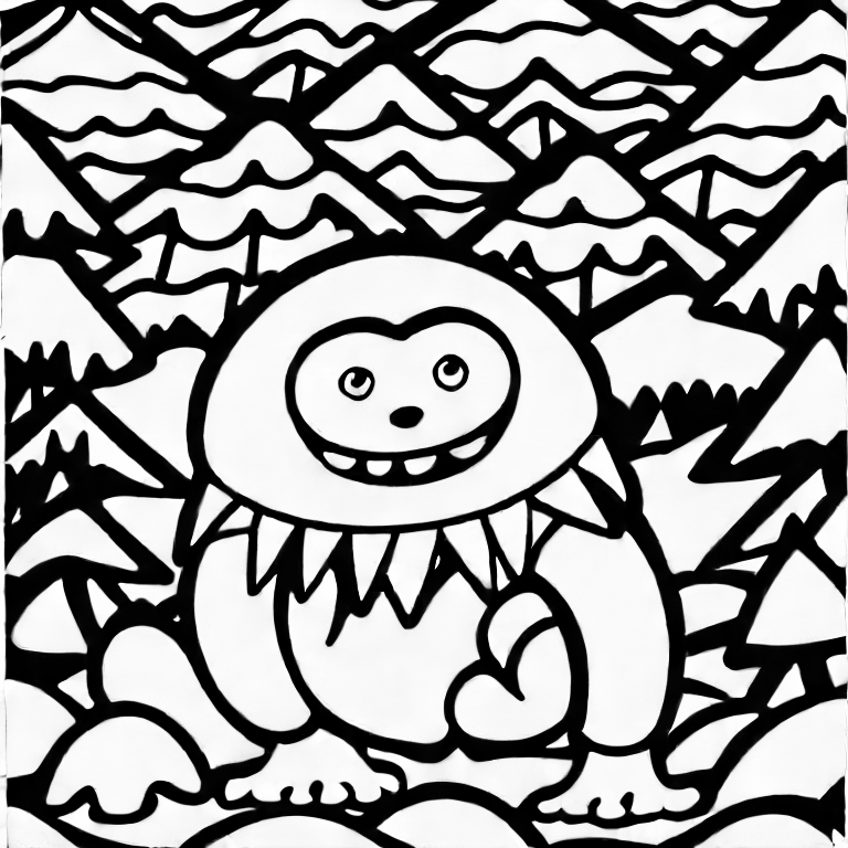 Coloring page of yeti in a snow mountain